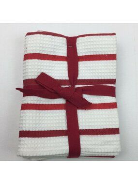 Red & White Waffle Weave Kitchen Dish Towels Set Of 2 Striped Design Gift Ready